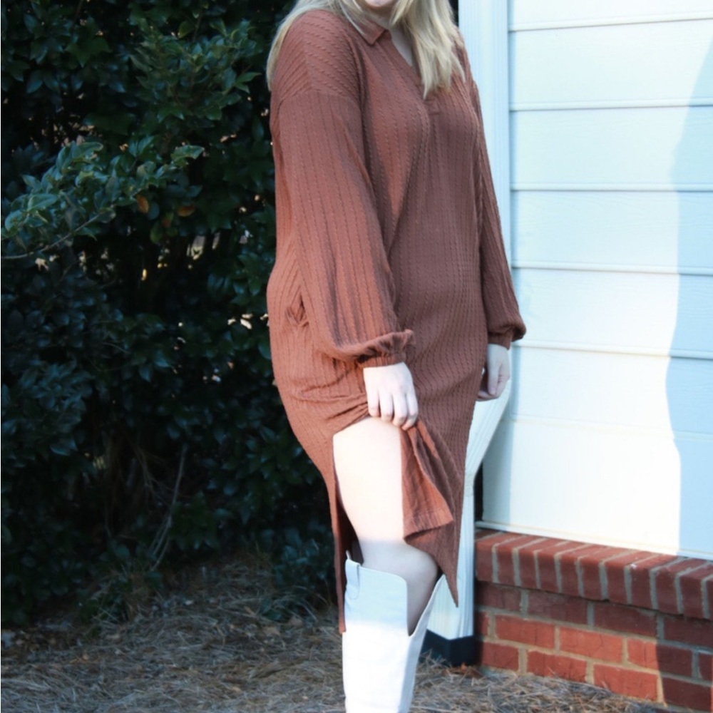 Camel Collared Long Sleeve Dress. NWT
